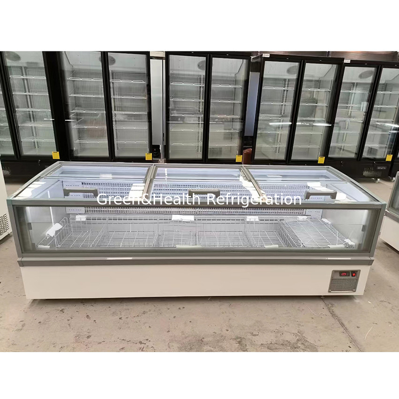 Wielki szafki okna szkło wyświetlacz Supermarket Wyspa zamrażarka z wewnętrznym embossed aluminium