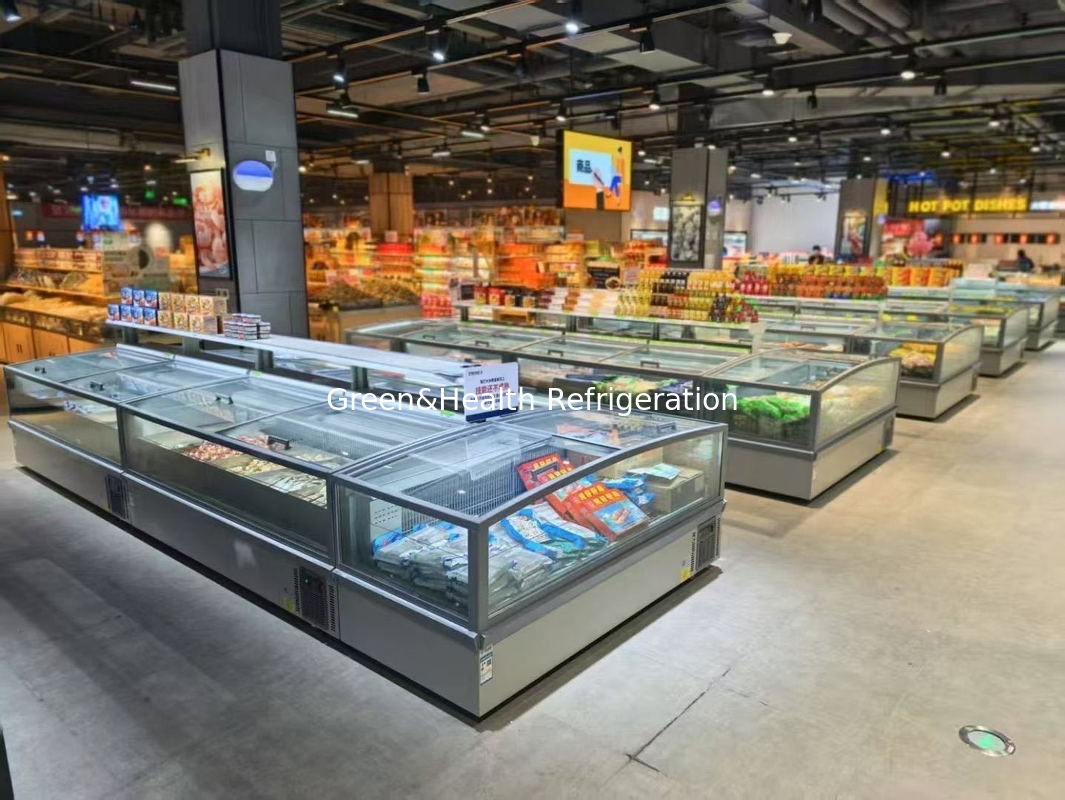 Zamrażarka wyspowa do supermarketu, panoramiczna, szklana, z automatycznym rozmrażaniem i oświetleniem LED