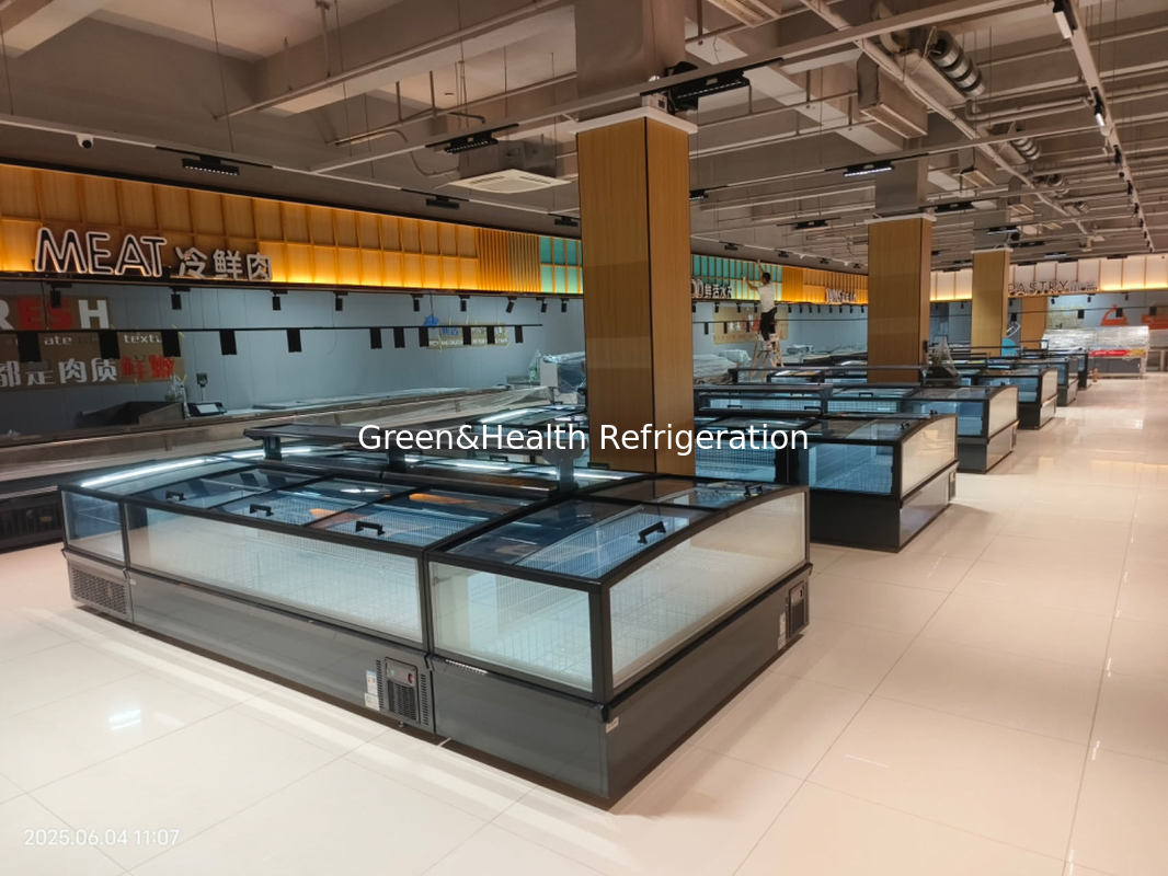 Przenośne Panoramiczne Szklane Drzwi Supermarket Wyspa Zamrażarka Wielkiej pojemności Zamrażarka do wyświetlania mrożonej żywności