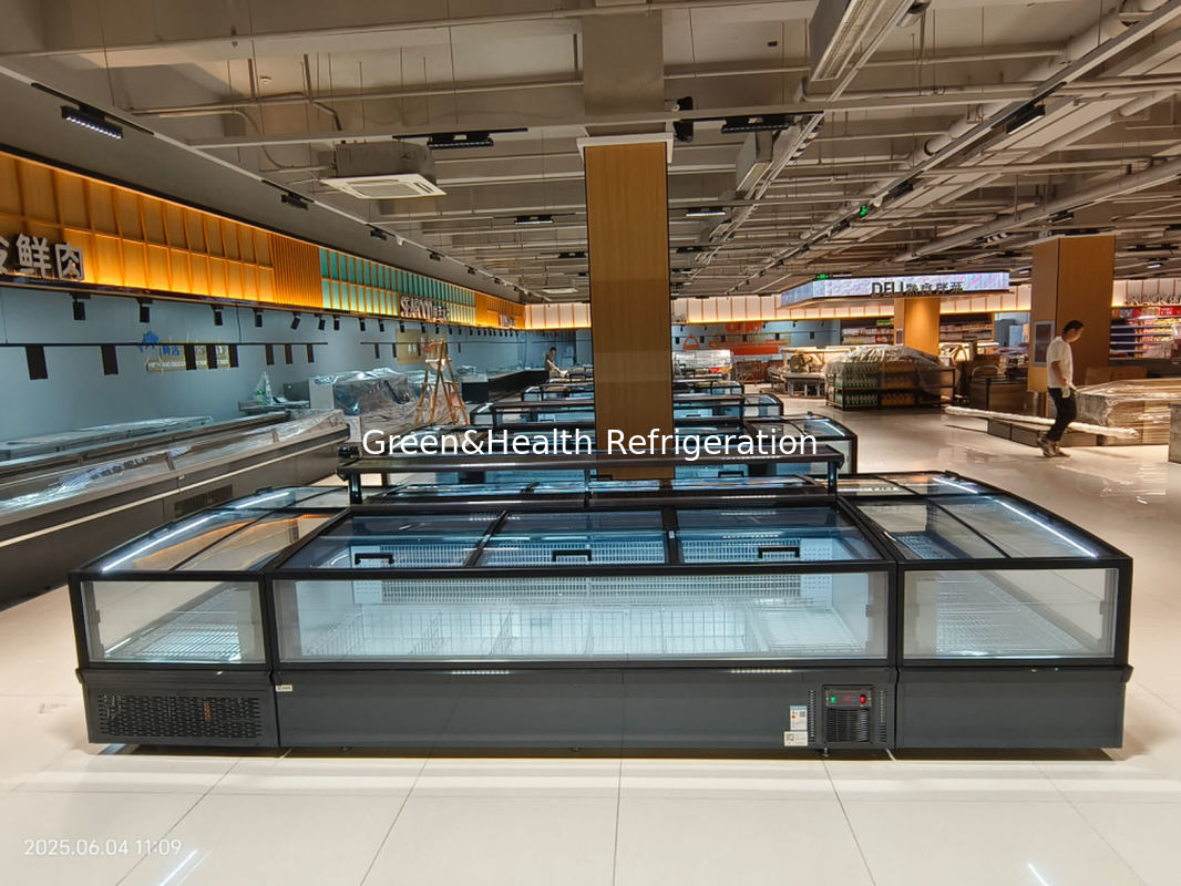 Przenośne Panoramiczne Szklane Drzwi Supermarket Wyspa Zamrażarka Wielkiej pojemności Zamrażarka do wyświetlania mrożonej żywności