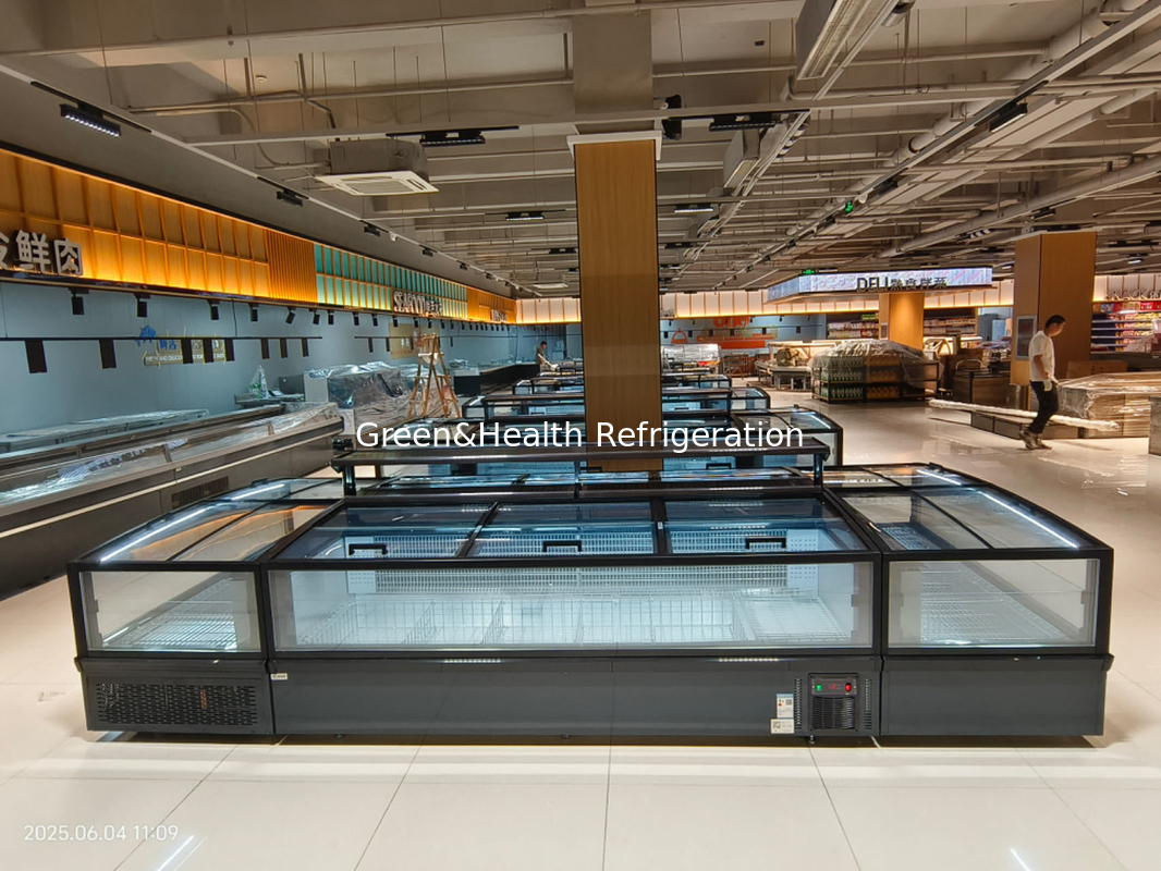 Zamrażarka wyspowa do supermarketu, panoramiczna, szklana, z automatycznym rozmrażaniem i oświetleniem LED