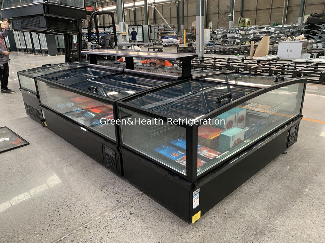 Przenośne Panoramiczne Szklane Drzwi Supermarket Wyspa Zamrażarka Wielkiej pojemności Zamrażarka do wyświetlania mrożonej żywności