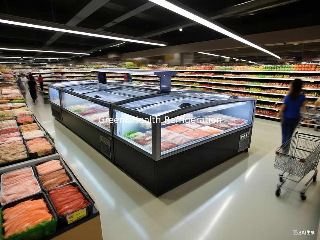 Przenośne Panoramiczne Szklane Drzwi Supermarket Wyspa Zamrażarka Wielkiej pojemności Zamrażarka do wyświetlania mrożonej żywności