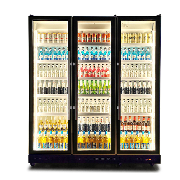 Komercyjne szklane drzwi pionowe wielokrotne oświetlenie napoje chłodnicze wyświetlacz lodówka