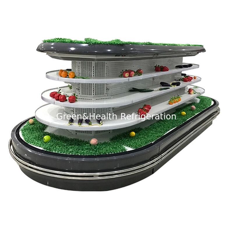 Komercyjny chłodziarz otwarty wielopoziomowy z automatycznym oświetleniem LED odmrażającym i oszczędzającym energię do wyświetlacza w supermarkecie