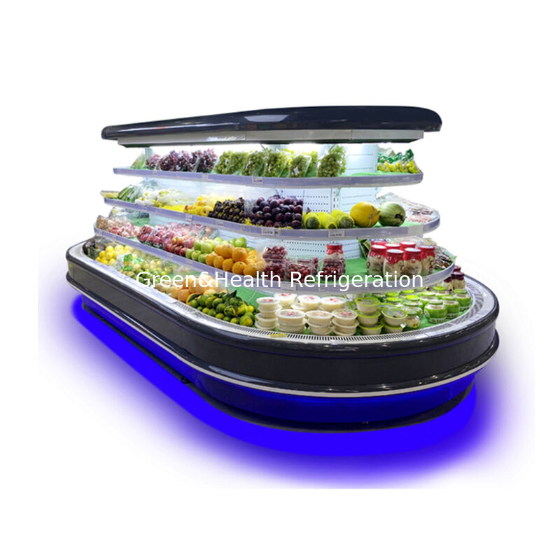 Komercyjny chłodziarz otwarty wielopoziomowy z automatycznym oświetleniem LED odmrażającym i oszczędzającym energię do wyświetlacza w supermarkecie